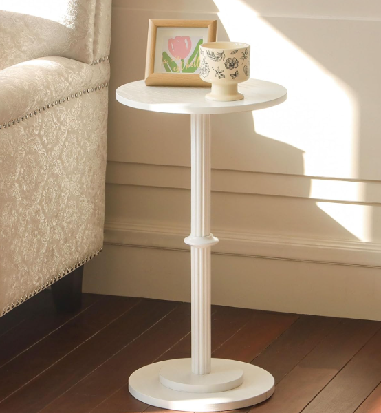 Modern White Round Side Table With Vertically Ribbed Wooden Legs; Compact Drink Table