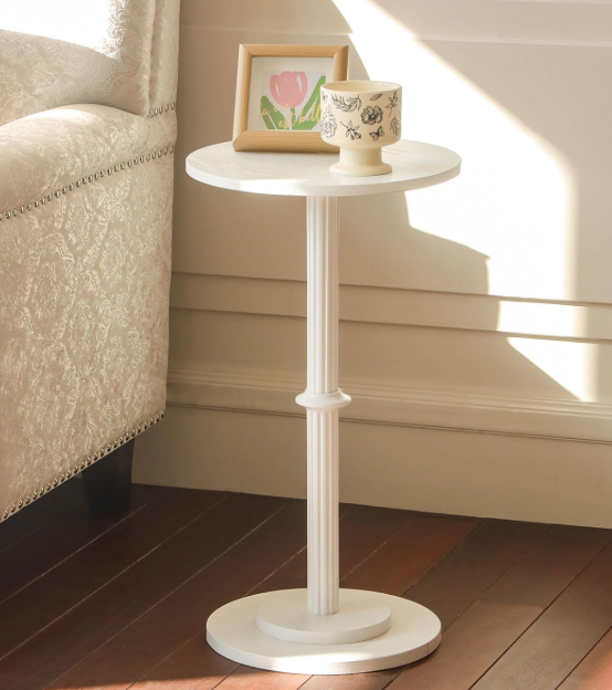Modern White Round Side Table With Vertically Ribbed Wooden Legs; Compact Drink Table