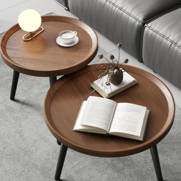 Mid-Century Modern Walnut-Finish Round Nesting Tables; 2-Piece Set