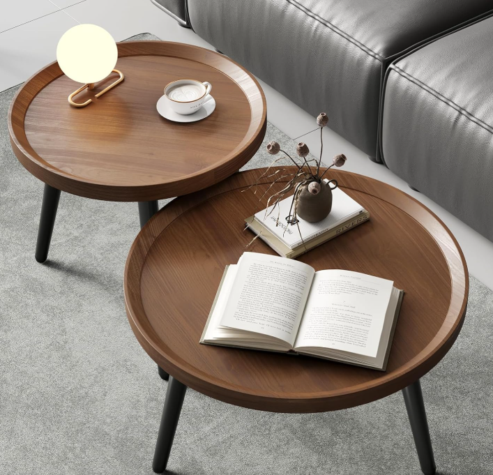 Mid-Century Modern Walnut-Finish Round Nesting Tables; 2-Piece Set