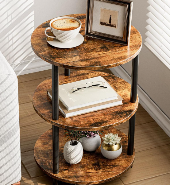 Industrial-Style Vintage 3-Tier Round Coffee Table; Narrow Side Table