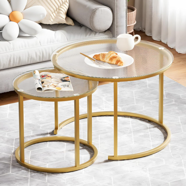 Gold Metal-Framed Round Glass Nesting Tables; Modern Minimalist Style
