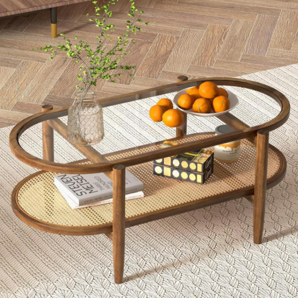Bohemian 2-Tier Rattan Coffee Table With Tempered Glass Top