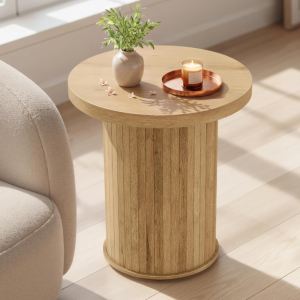Mid-Century Modern Round Side Table With Tambour Door; Natural Brown Finish