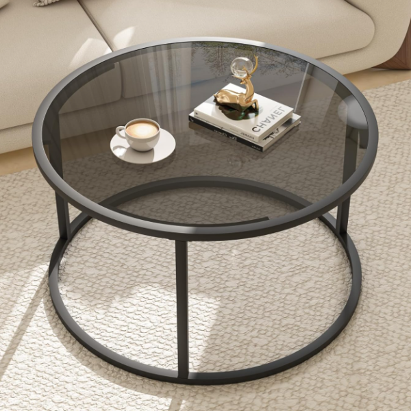 Minimalist Round Glass Coffee Table In Dark Grey-Black; Metal Frame