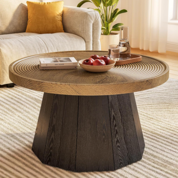 Farmhouse-Style Modern Round Wooden Coffee Table; Brown Finish