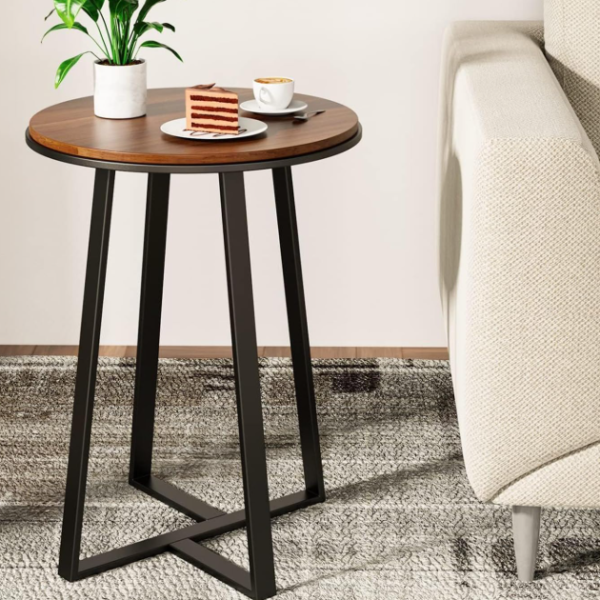 Walnut-Finish Round Tall Side Table; Black Metal Frame