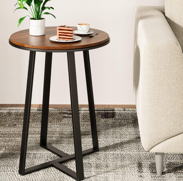 Walnut-Finish Round Tall Side Table; Black Metal Frame